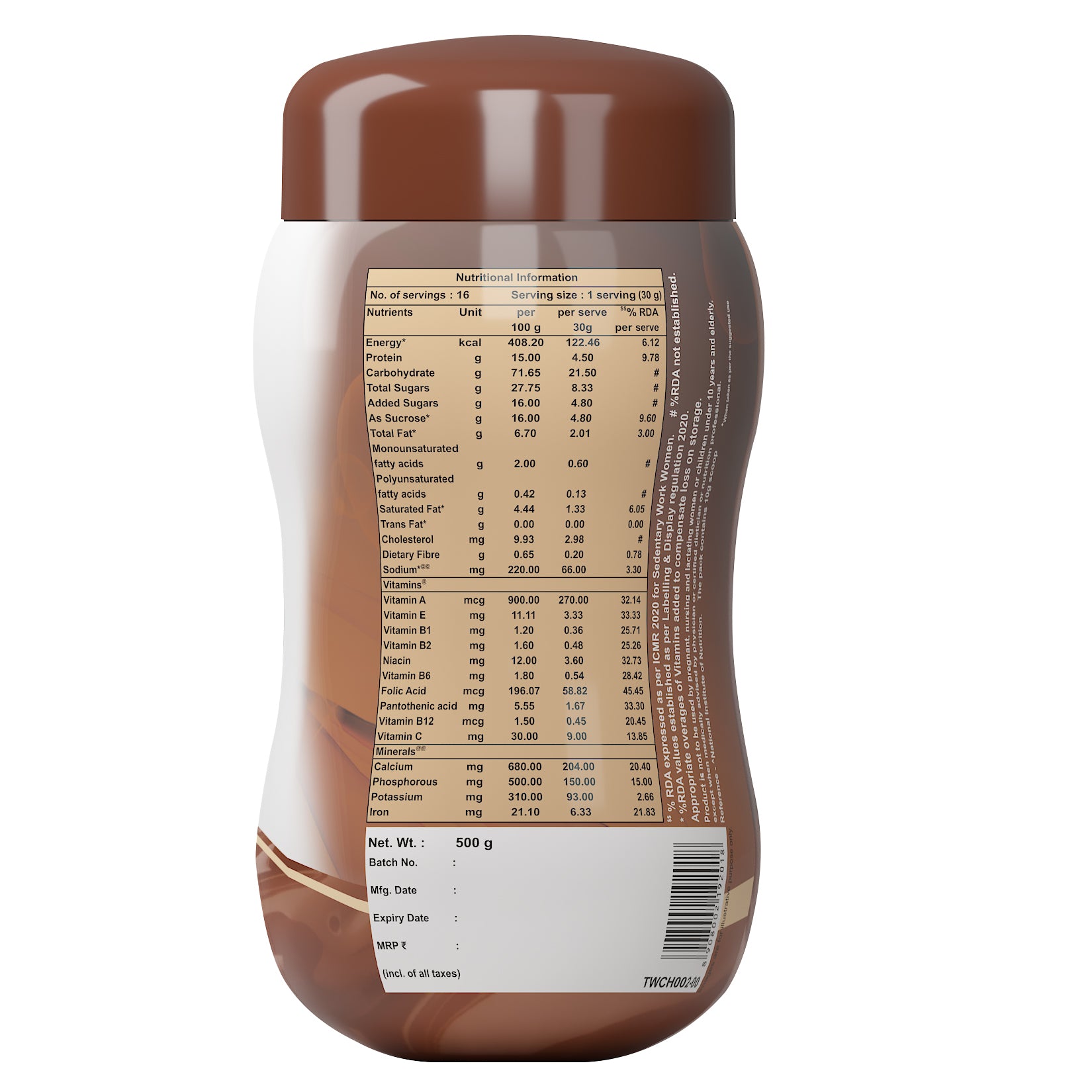 Endura Mass Chocolate 500g Nutritional Information